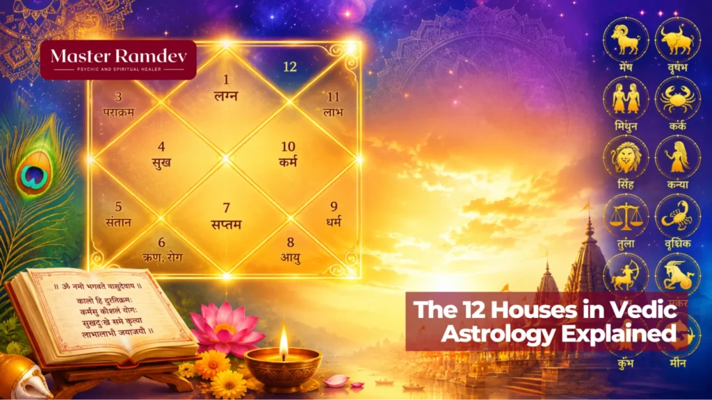Diagram of the 12 houses in Vedic astrology and their meanings