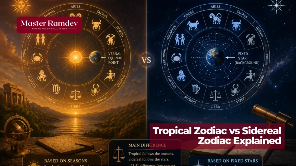 Tropical and sidereal zodiac systems compared in Western astrology and Vedic astrology