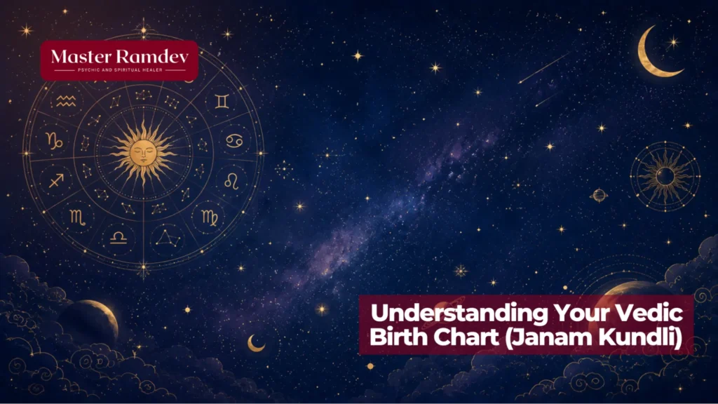 Vedic birth chart (Janam Kundli) showing planetary positions and astrological houses