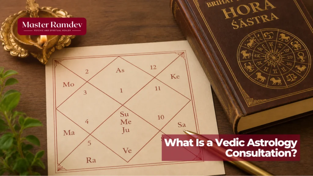 Vedic astrology consultation session in Sugar Land with astrologer guiding client.
