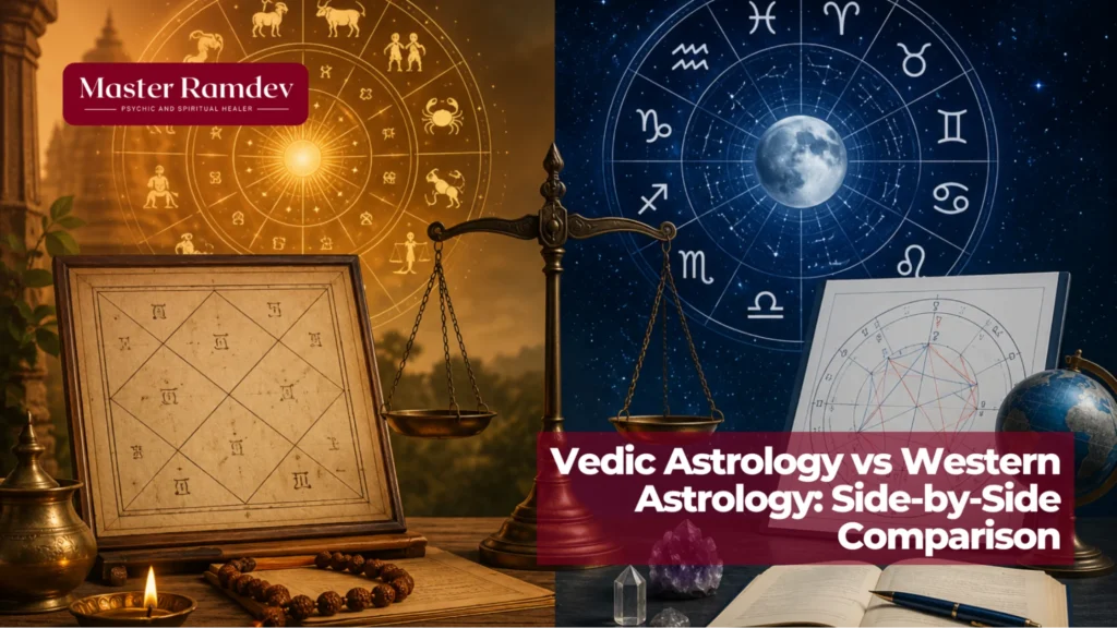 Side-by-side comparison showing the difference between Vedic astrology and Western astrology