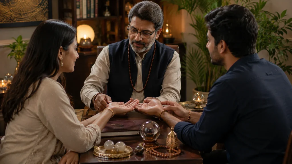 Palmistry traditionally interpreting love and relationships through the lines and features of the hand

